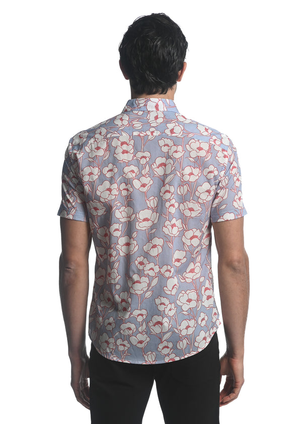 IRIS/ RED OUTLINE FLORAL PRINTED COTTON TENCEL SHORT SLEEVES WOVEN SHIRT PM-47037