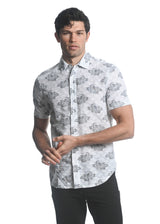 BLACK/ WHITE FLORAL COTTON JACQUARD SHORT SLEEVES WOVEN SHIRT PM-48026