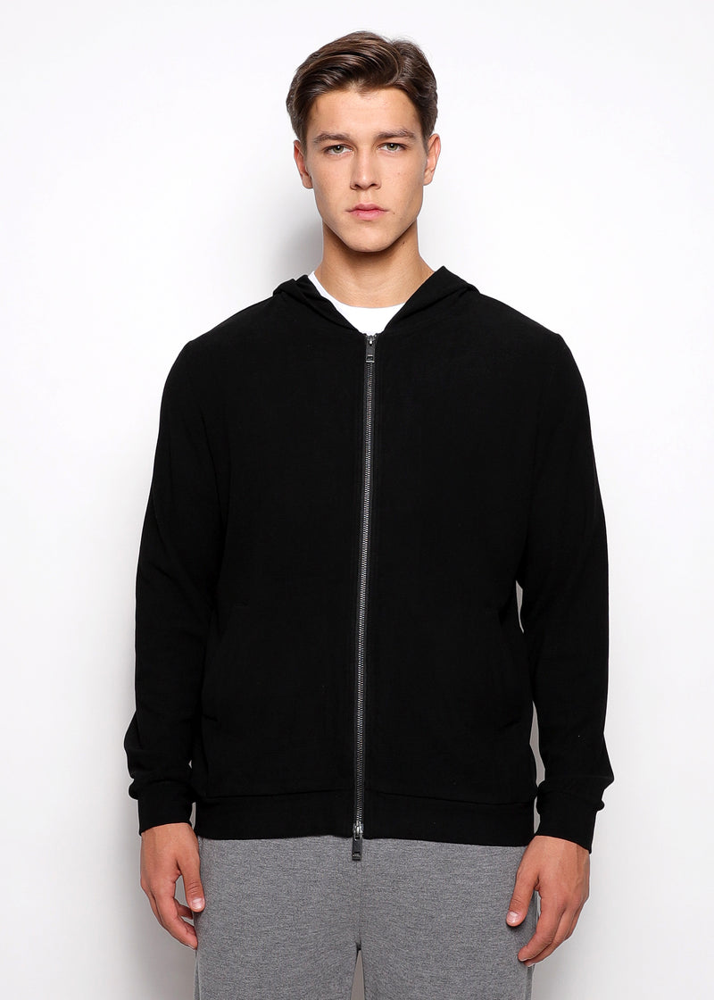 BLACK STRETCH KNIT ZIP UP HOODIE PM 75012