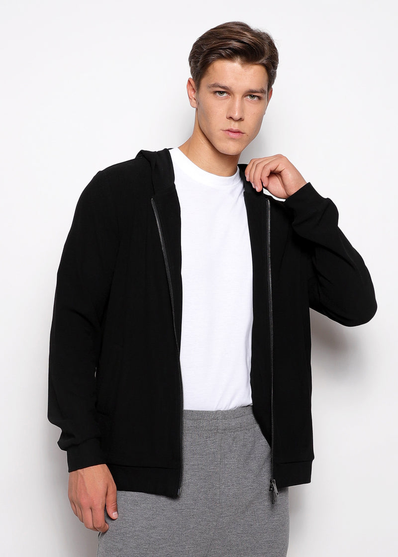 BLACK STRETCH KNIT ZIP-UP HOODIE PM-75012