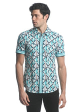 TEAL/ NAVY  X-MOSAIC PRINTED PERFORMANCE SHORT SLEEVES STRETCH SHIRT PM-76066