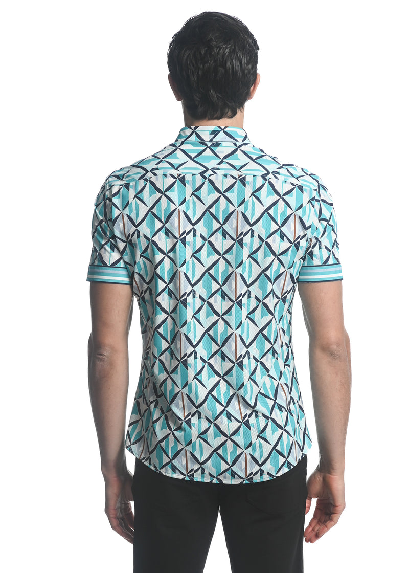 TEAL/ NAVY  X-MOSAIC PRINTED PERFORMANCE SHORT SLEEVES STRETCH SHIRT PM-76066