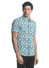 TEAL/ NAVY  X-MOSAIC PRINTED PERFORMANCE SHORT SLEEVES STRETCH SHIRT PM-76066