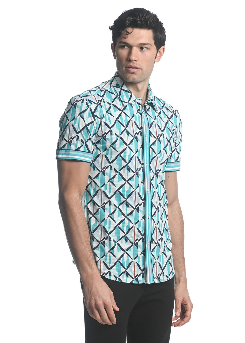 TEAL/ NAVY  X-MOSAIC PRINTED PERFORMANCE SHORT SLEEVES STRETCH SHIRT PM-76066