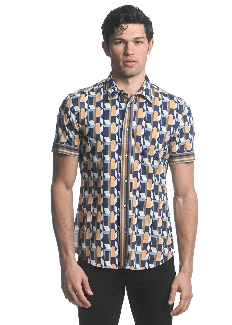 KHAKI/ NAVY WINDOWS PRINTED PERFORMANCE SHORT SLEEVES STRETCH SHIRT PM-76067