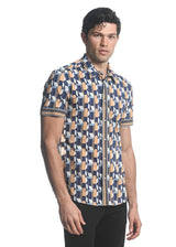 KHAKI/ NAVY WINDOWS PRINTED PERFORMANCE SHORT SLEEVES STRETCH SHIRT PM-76067