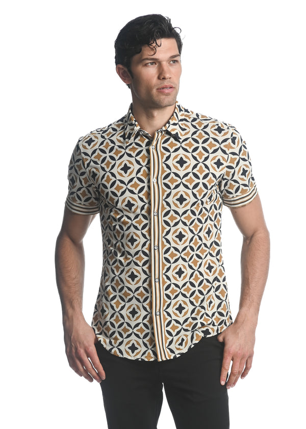 AMBER/ SAND FLORAL MOSAIC PRINTED PERFORMANCE SHORT SLEEVES STRETCH SHIRT PM-76069