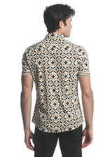 AMBER/ SAND FLORAL MOSAIC PRINTED PERFORMANCE SHORT SLEEVES STRETCH SHIRT PM-76069