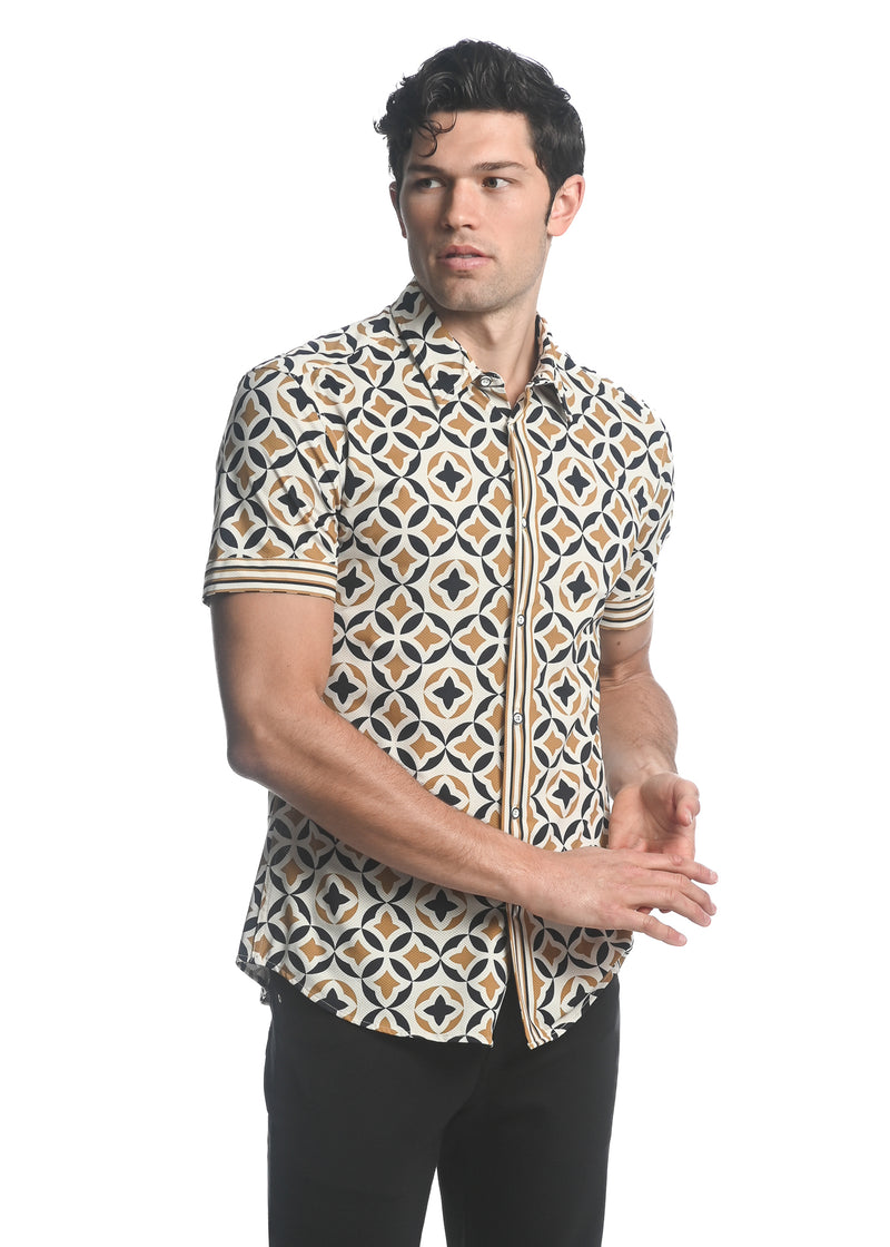 AMBER/ SAND FLORAL MOSAIC PRINTED PERFORMANCE SHORT SLEEVES STRETCH SHIRT PM-76069