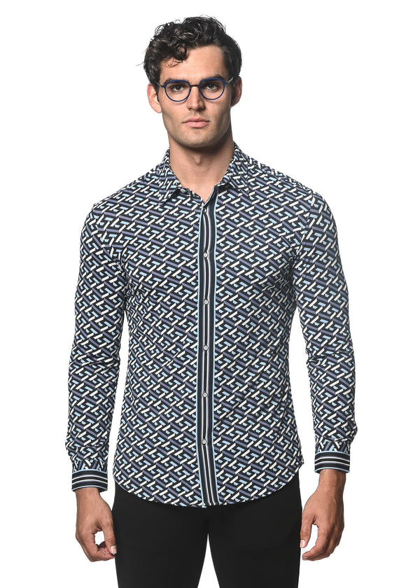 MIDNIGHT/SLATE 3D MAZE PRINTED PERFORMANCE LONG SLEEVE STRETCH SHIRT PM-76072