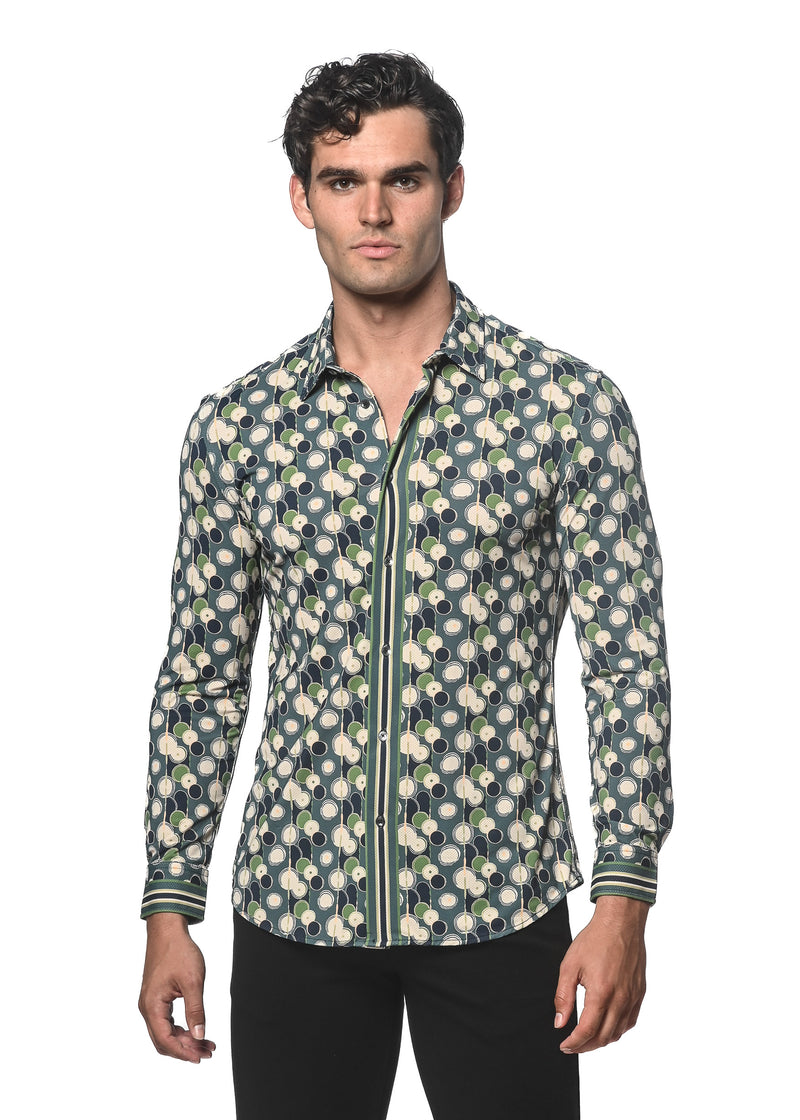 FERN/NAVY CIRCLES PRINTED PERFORMANCE LONG SLEEVE STRETCH SHIRT PM-76073