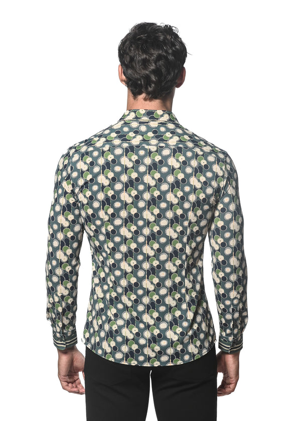 FERN/NAVY CIRCLES PRINTED PERFORMANCE LONG SLEEVE STRETCH SHIRT PM-76073