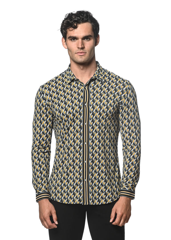 GREY/GOLD CROSSWEAVE PRINTED PERFORMANCE LONG SLEEVE STRETCH SHIRT PM-76074