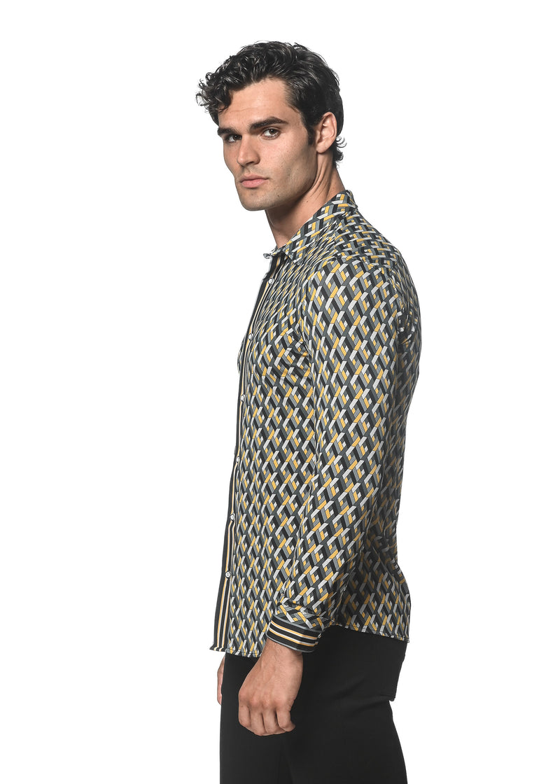 GREY/GOLD CROSSWEAVE PRINTED PERFORMANCE LONG SLEEVE STRETCH SHIRT PM-76074