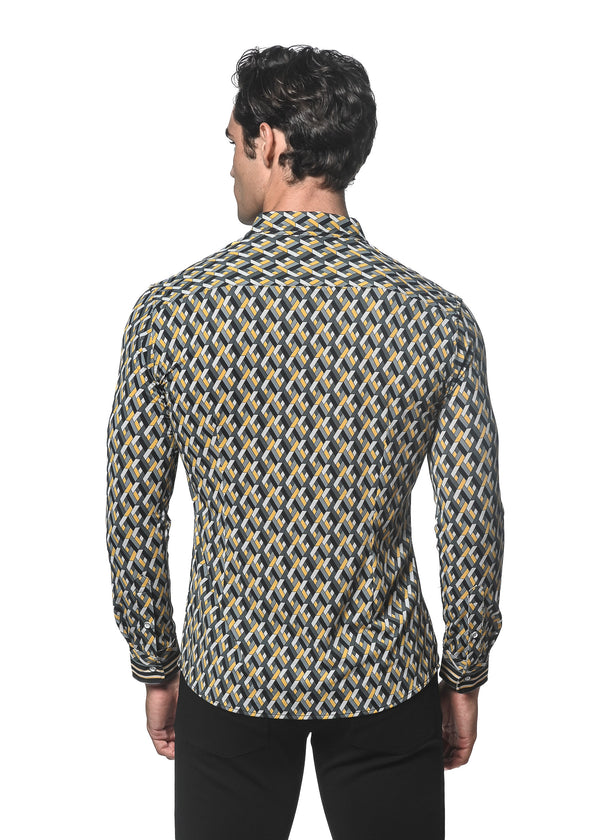 GREY/GOLD CROSSWEAVE PRINTED PERFORMANCE LONG SLEEVE STRETCH SHIRT PM-76074