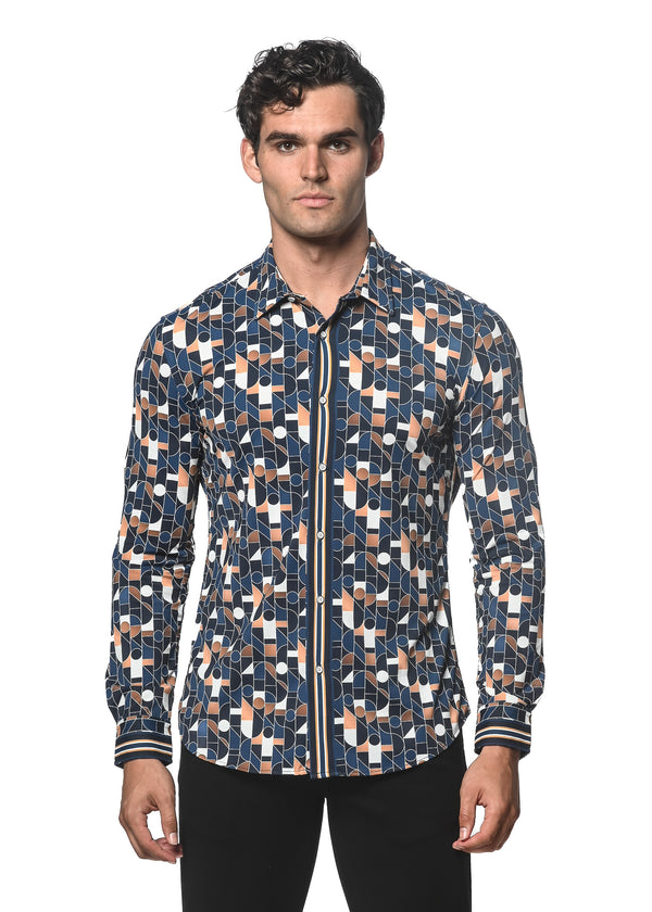 BLUE/NAVY SWIRLS PRINTED PERFORMANCE LONG SLEEVE STRETCH SHIRT PM-76075