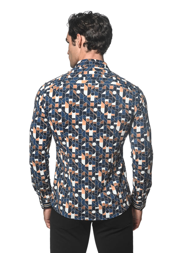 BLUE/NAVY SWIRLS PRINTED PERFORMANCE LONG SLEEVE STRETCH SHIRT PM-76075