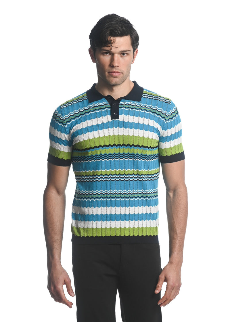 NAVY/ CITRUS/ OCEAN CHEVRON COTTON  3-BUTTON TEXTURED CHEVRON STRIPE KNIT POLO PM-16226