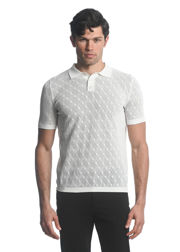 OFF WHITE COTTON  3-BUTTON TEXTURED CROSS WEAVE KNIT POLO PM-16225