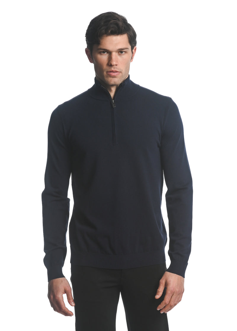 NAVY SILK TENCEL QUARTER ZIP KNITTED SWEATER PM-16222