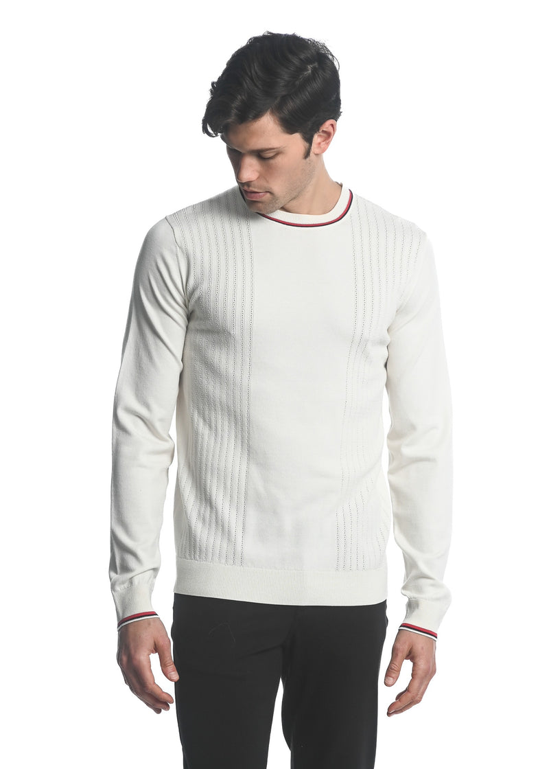 OFF WHITE SILK TENCEL  TEXTURED KNIT CREW SWEATER W/ TIPPING PM-16221