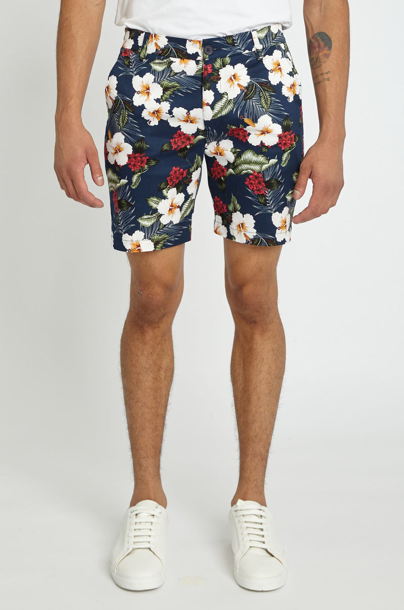 NAVY/RED HIBISCUS 8" INSEAM WOVEN STRETCH SHORTS PM-2455-01- Final Sale