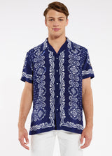 NAVY/WHITE PAISLEY VISCOSE/LINEN SHORT SLEEVE WOVEN CAMP SHIRT PM-47011 Final Sale