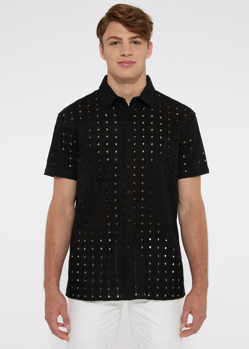 BLACK COTTON EYELET WOVEN SHORT SLEEVE SHIRT PM-43001