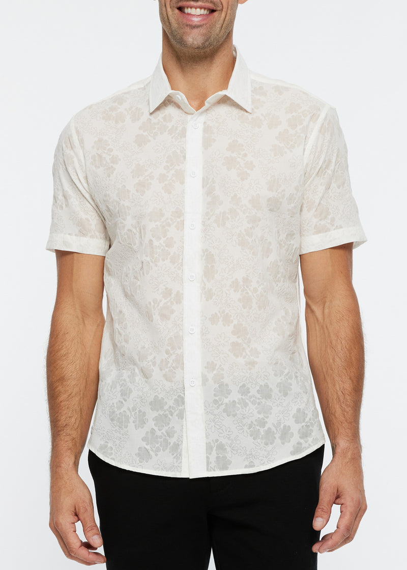 WHITE FLORAL SEERSUCKER COTTON SHORT SLEEVE WOVEN SHIRT PM-48005