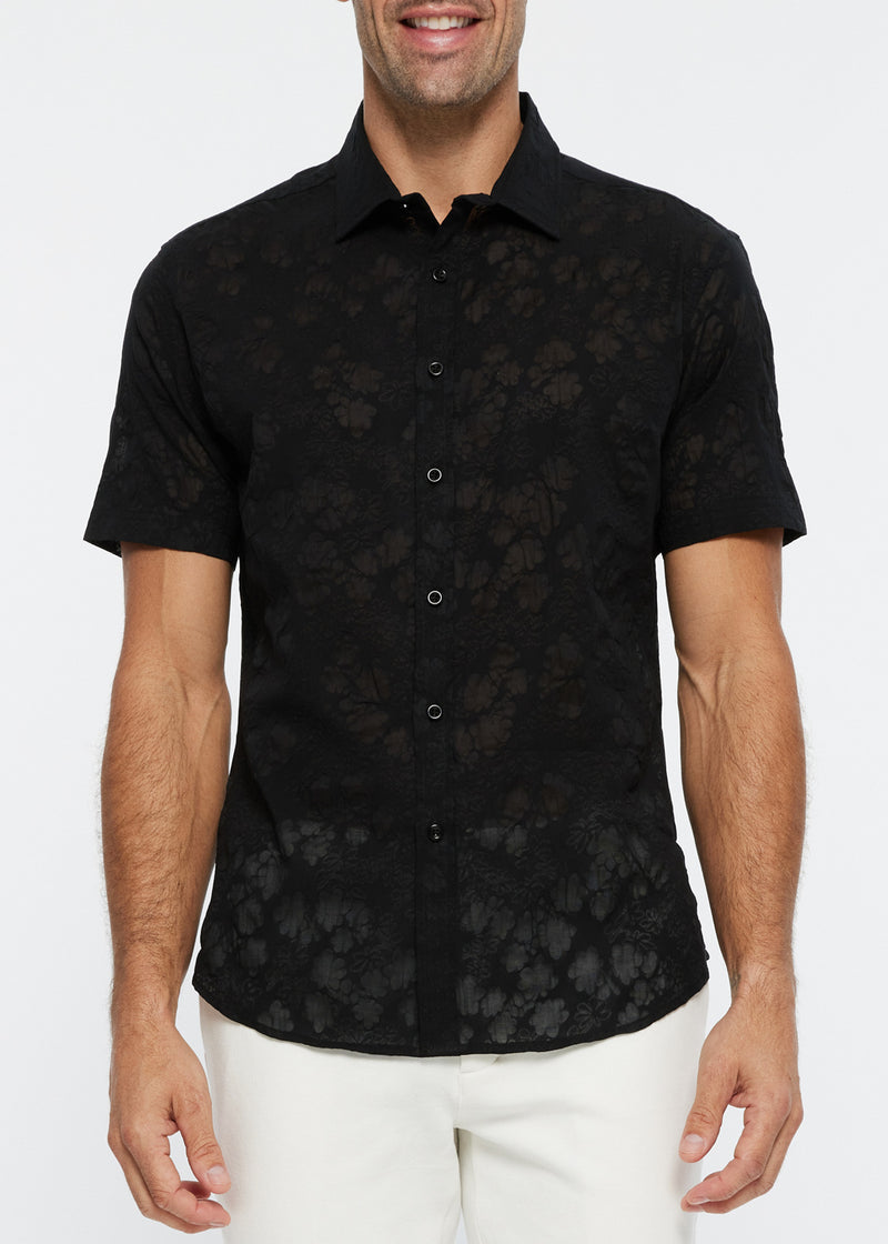 BLACK FLORAL SEERSUCKER COTTON SHORT SLEEVE WOVEN SHIRT PM-48005